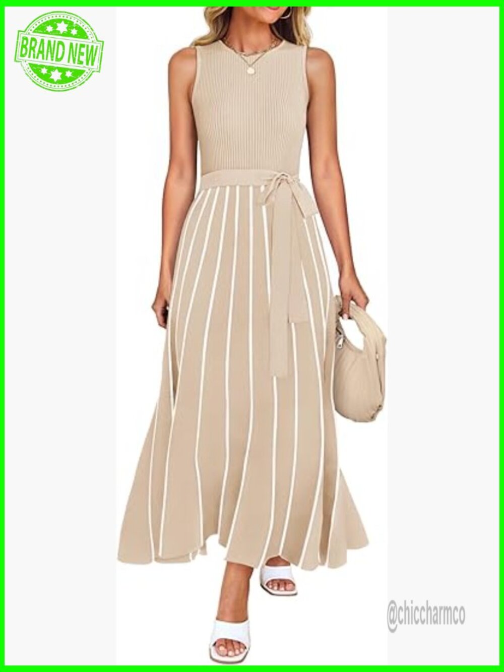 Sleeveless Ribbed Knit Maxi Dress with Tie Waist Crewneck Casual A-Line - Picture 1 of 7